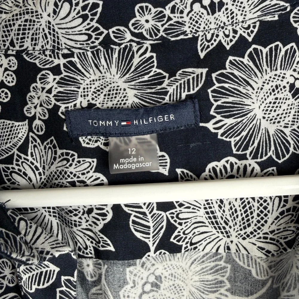 Tommy Hilfiger Navy White Floral Cotton Sleeveless Button Front Shirt Dress 12